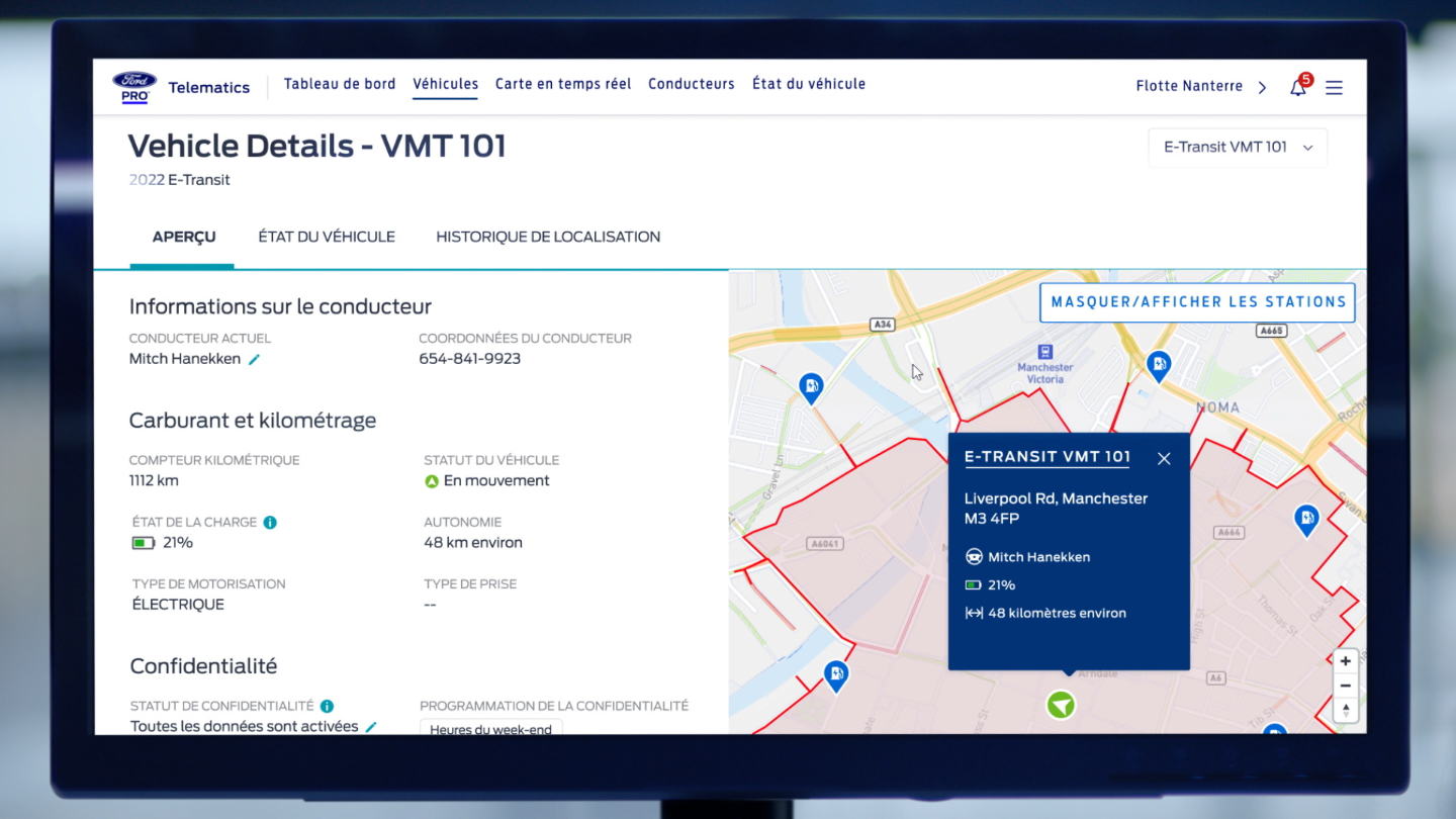 Ford Pro™ Telematics displaying Ford E-Transit vehicle details on monitor screen