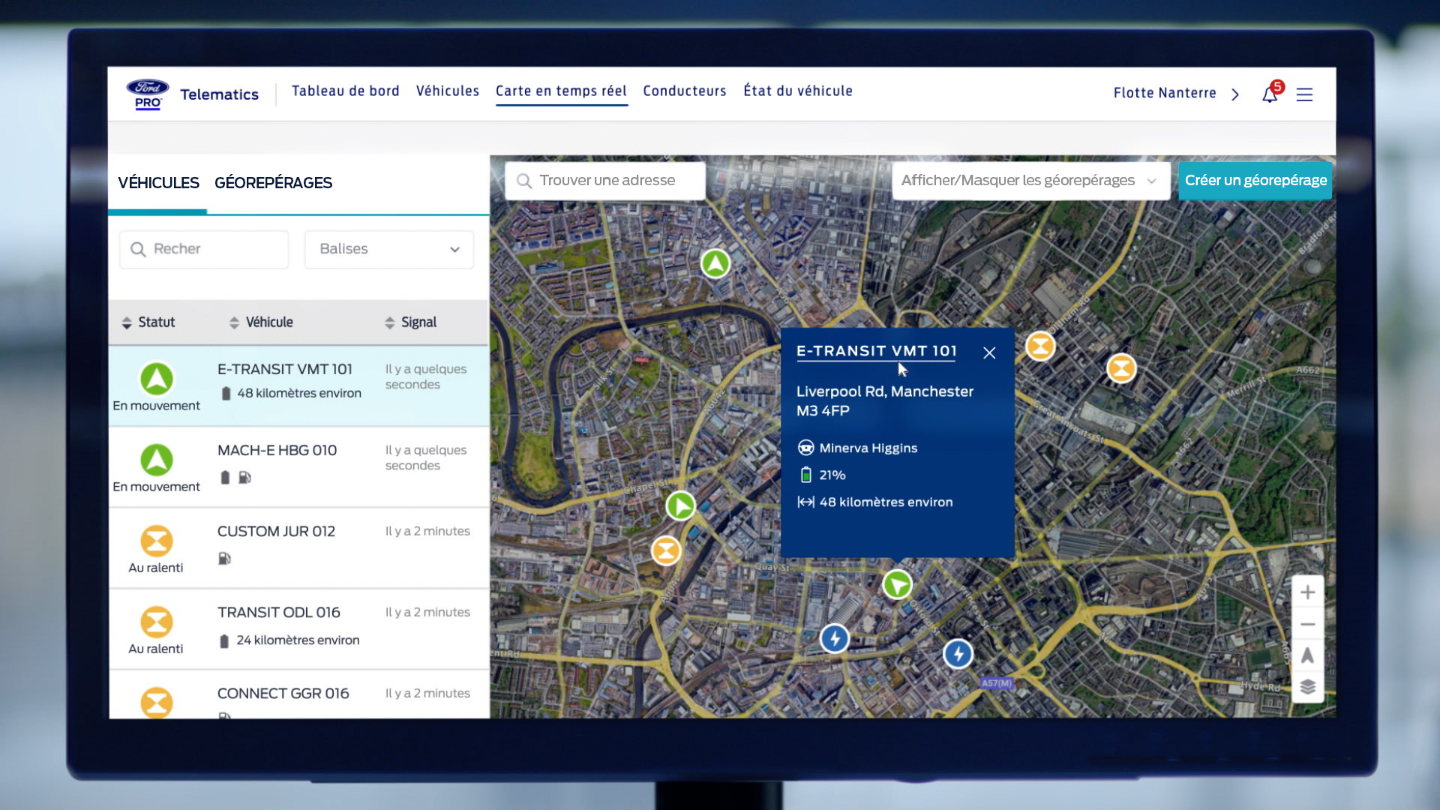 Ford Pro™ E-Telematics software displayed on monitor screen