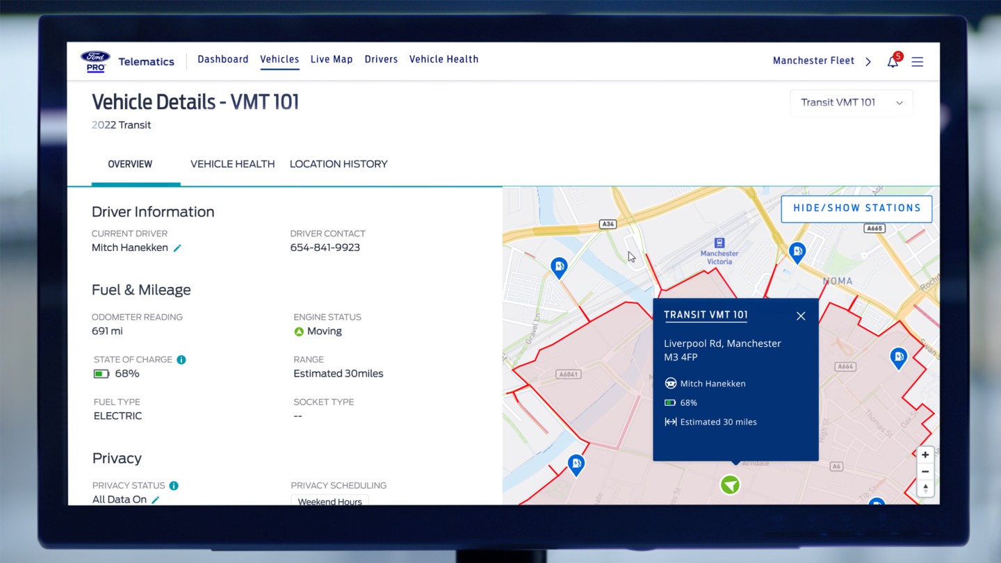 Ford Pro Telematics displaying Ford E-Transit vehicle details on monitor screen