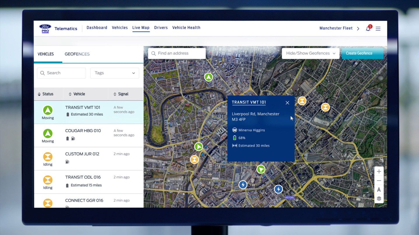 Ford Pro E-Telematics software displayed on monitor screen